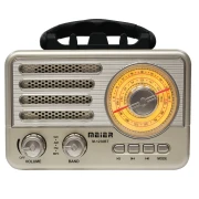 راديو ماير M-1230BT المحمول بتصميم كلاسيكي، يدعم موجات FM وMW وSW، مزود بتقنية بلوتوث، ويشغل ملفات MP3، ويعمل بالكهرباء والبطارية.