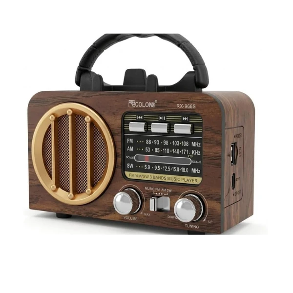 راديو RX-966 المحمول متعدد الموجات FM/AM/SW مع مكبر صوت بلوتوث، ومشغل MP3، ويدعم منفذ USB وبطاقة TF، ويعمل بالبطارية، ويشحن من النوع C، بتصميم خشبي كلاسيكي عتيق