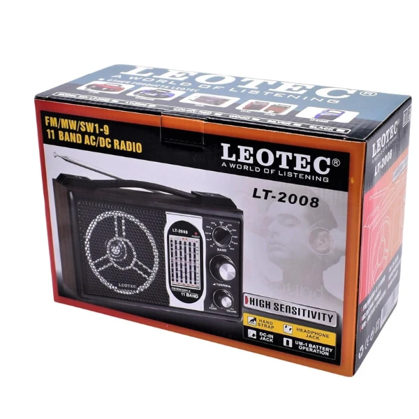جهاز راديو Leotec LT-2008 محمول ذو 11 نطاقًا FM/MW/SW1-9 AC/DC عالي الحساسية عالمي النطاق