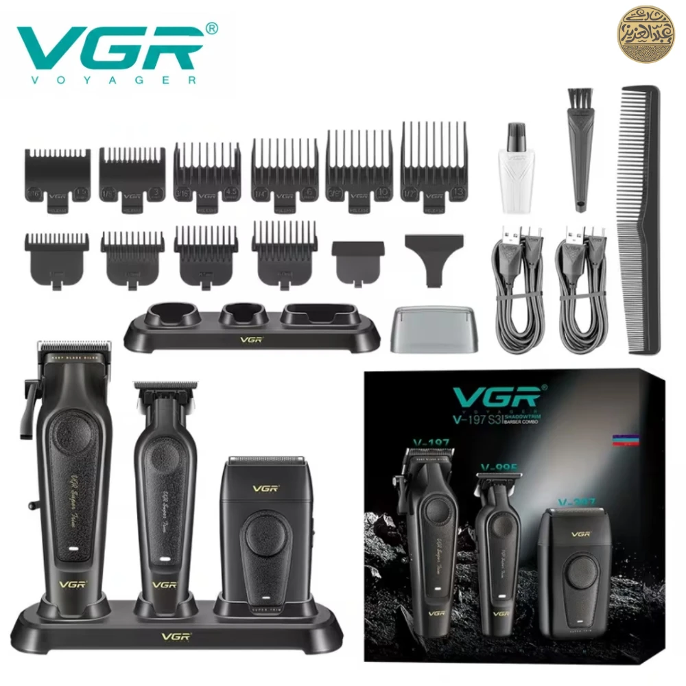 طقم ماكينة حلاقة الشعر الكهربائية VGR V-197 S3 ، لقص الشعر وحلاقته وتشذيب شعر الجسم، يتضمن قاعدة شحن وأمشاطًا وأمشاطًا واقية، هدية رائعة للرجال- أسود