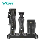 طقم ماكينة حلاقة الشعر الكهربائية VGR V-197 S3 ، لقص الشعر وحلاقته وتشذيب شعر الجسم، يتضمن قاعدة شحن وأمشاطًا وأمشاطًا واقية، هدية رائعة للرجال- أسود