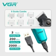 طقم ماكينة حلاقة الشعر الكهربائية VGR V-196 S3 ، لقص الشعر وحلاقته وتشذيب شعر الجسم، يتضمن قاعدة شحن وأمشاطًا وأمشاطًا واقية، هدية رائعة للرجال