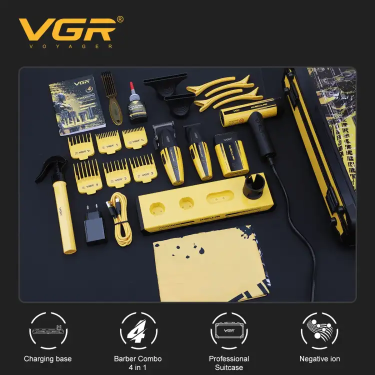 طقم حلاقة احترافي مع  مجفف شعر متعدد الوظائف  للرجال والصالونات، أصفر VGR V-285 S4