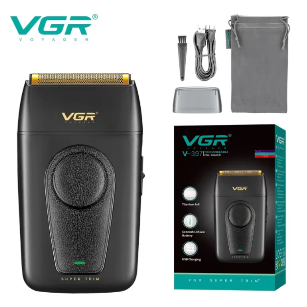 ماكينة حلاقة كهربائية للرجال VGR ، قابلة لإعادة الشحن عبر منفذ USB، قادرة على حلاقة وتشذيب السوالف، تصميم غير لامع، هدية رائعة للرجال ، لون أسود V-397