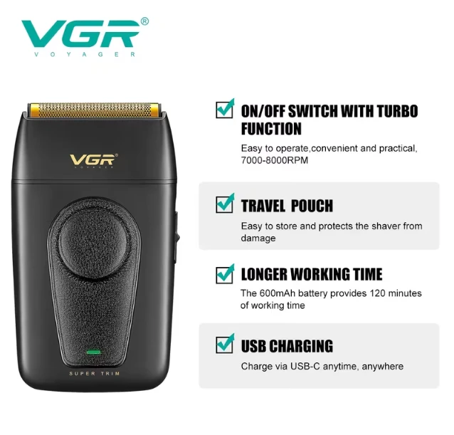 ماكينة حلاقة كهربائية للرجال VGR ، قابلة لإعادة الشحن عبر منفذ USB، قادرة على حلاقة وتشذيب السوالف، تصميم غير لامع، هدية رائعة للرجال ، لون أسود V-397