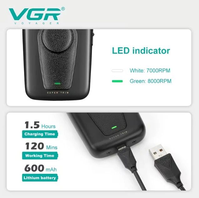ماكينة حلاقة كهربائية للرجال VGR ، قابلة لإعادة الشحن عبر منفذ USB، قادرة على حلاقة وتشذيب السوالف، تصميم غير لامع، هدية رائعة للرجال ، لون أسود V-397