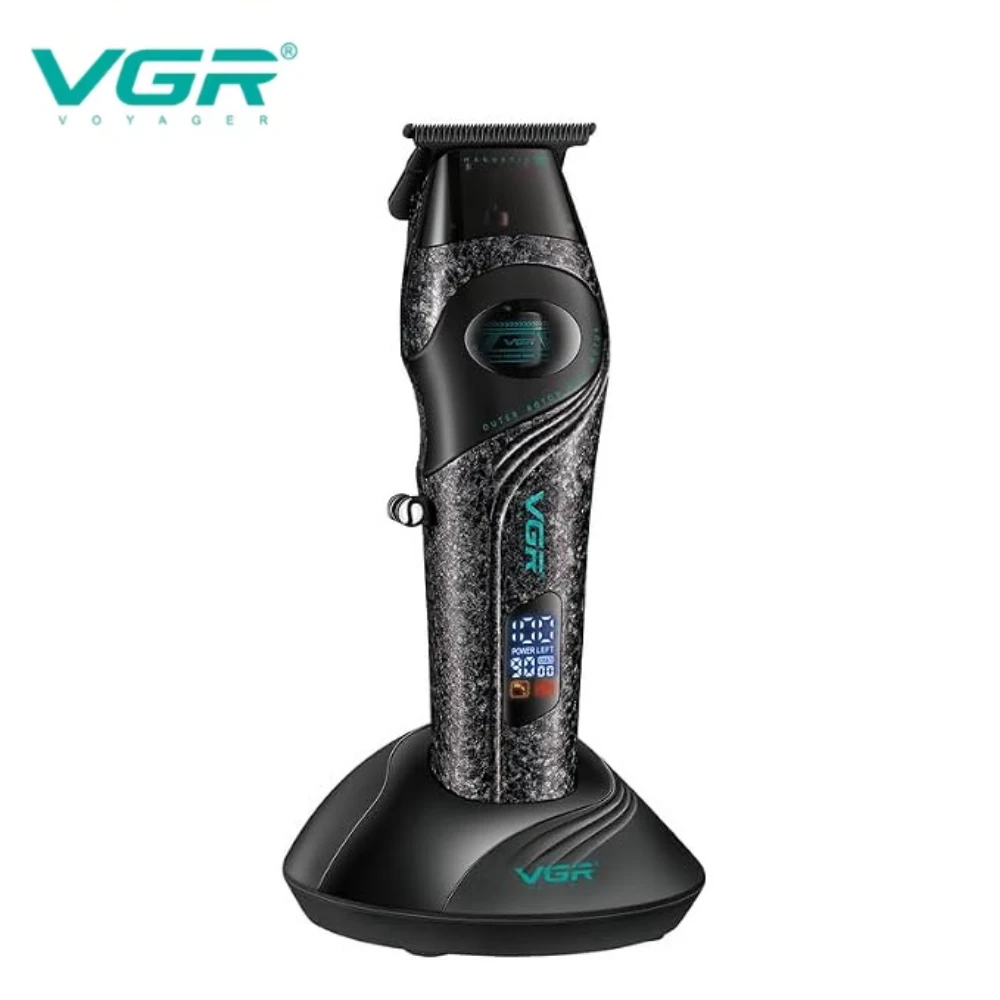 ماكينة حلاقة الشعر الاحترافية VGR V-857T للرجال، شفرات مطلية بالسيراميك وDLC، محرك BLDC بسرعة 9000 دورة في الدقيقة، شاشة LED، بطارية 2500 مللي أمبير- لون أسود
