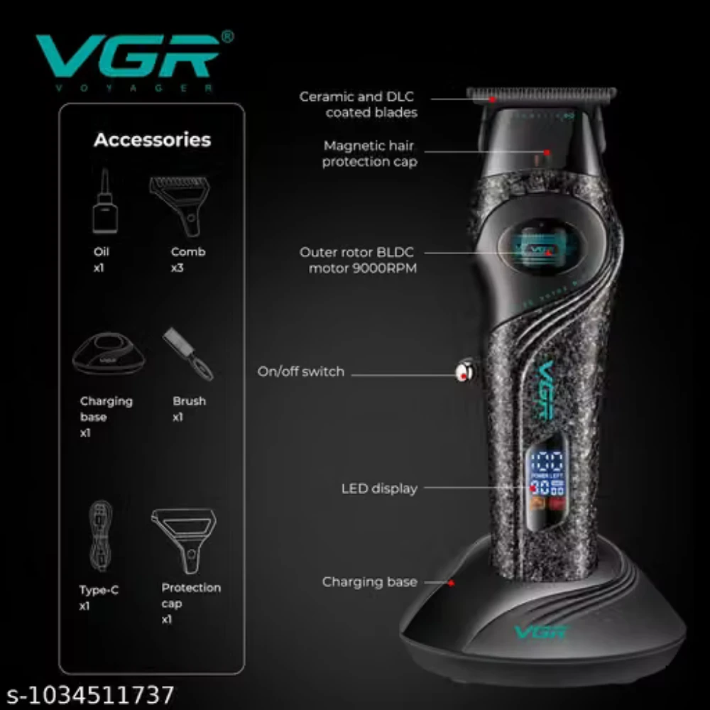 ماكينة حلاقة الشعر الاحترافية VGR V-857T للرجال، شفرات مطلية بالسيراميك وDLC، محرك BLDC بسرعة 9000 دورة في الدقيقة، شاشة LED، بطارية 2500 مللي أمبير- لون أسود