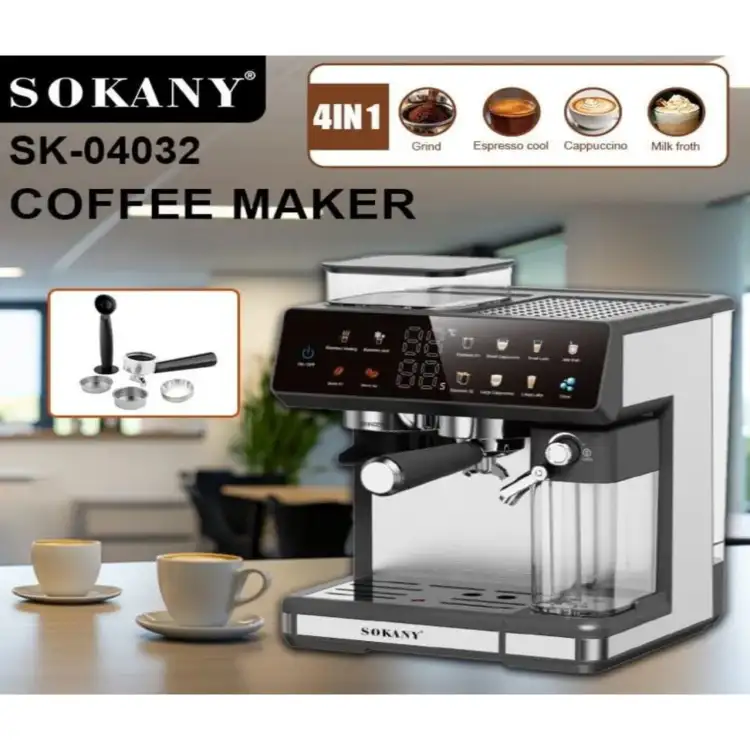 ماكينة تحضير الاسبرسو 4 في 1 سوكاني ديجيتال، 1800 وات، 20 بار، فضي واسود - SK-04032
