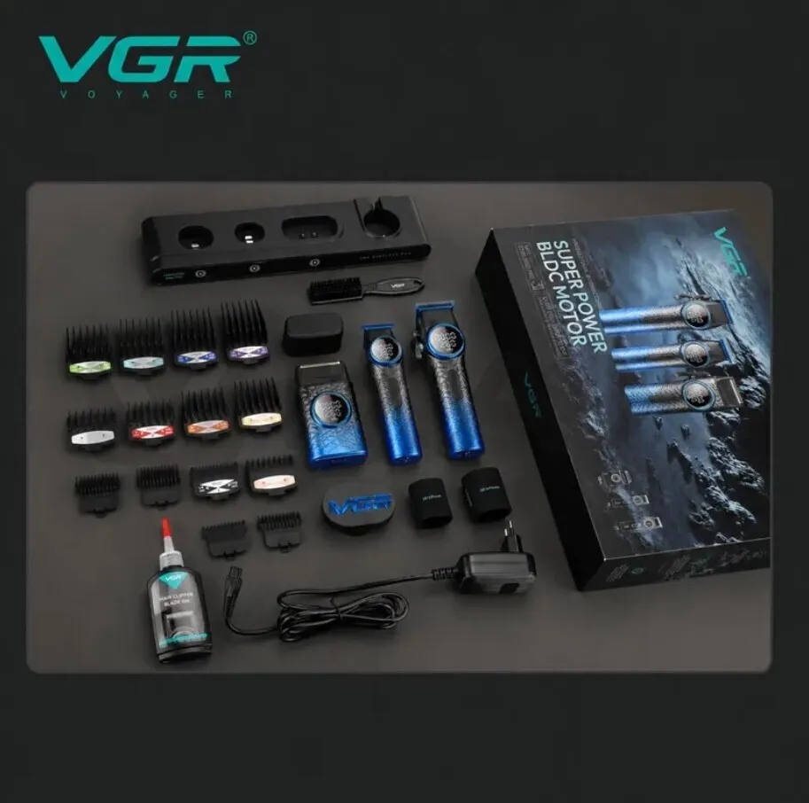 مجموعة قص الشعر الاحترافية 3 في 1 VGR V-STEPLESS Pro - باللون الأزرق