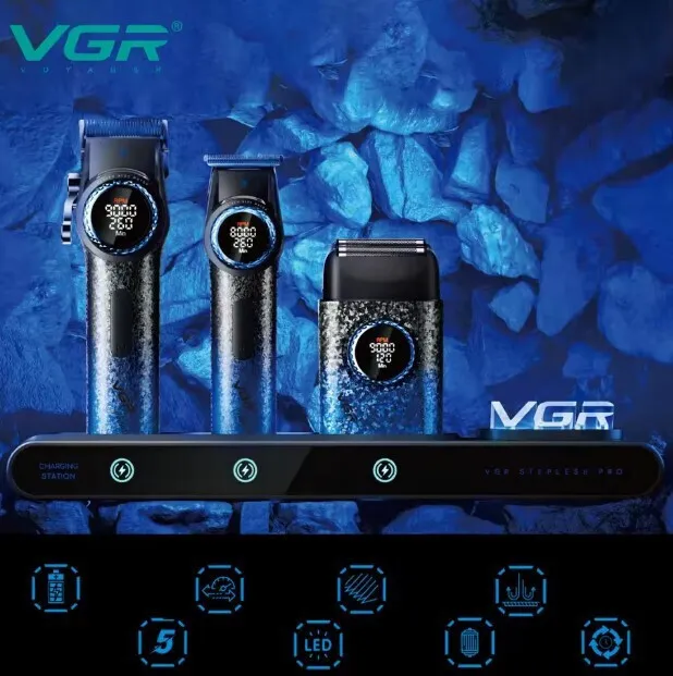 مجموعة قص الشعر الاحترافية 3 في 1 VGR V-STEPLESS Pro - باللون الأزرق