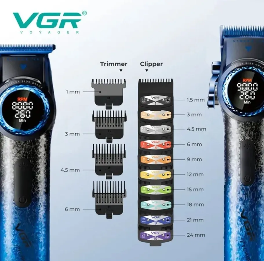مجموعة قص الشعر الاحترافية 3 في 1 VGR V-STEPLESS Pro - باللون الأزرق