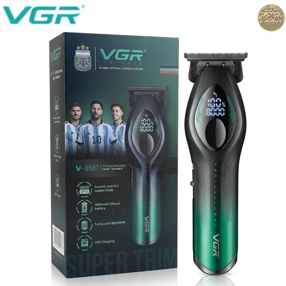ماكينة حلاقة الشعر الاحترافية VGR V-858T للرجال، شفرة مطلية بالسيراميك وDLC، محرك 8000 دورة في الدقيقة، وظيفة توربو، شاشة LED، بطارية 1600 مللي أمبير
