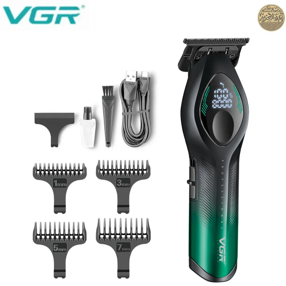 ماكينة حلاقة الشعر الاحترافية VGR V-858T للرجال، شفرة مطلية بالسيراميك وDLC، محرك 8000 دورة في الدقيقة، وظيفة توربو، شاشة LED، بطارية 1600 مللي أمبير