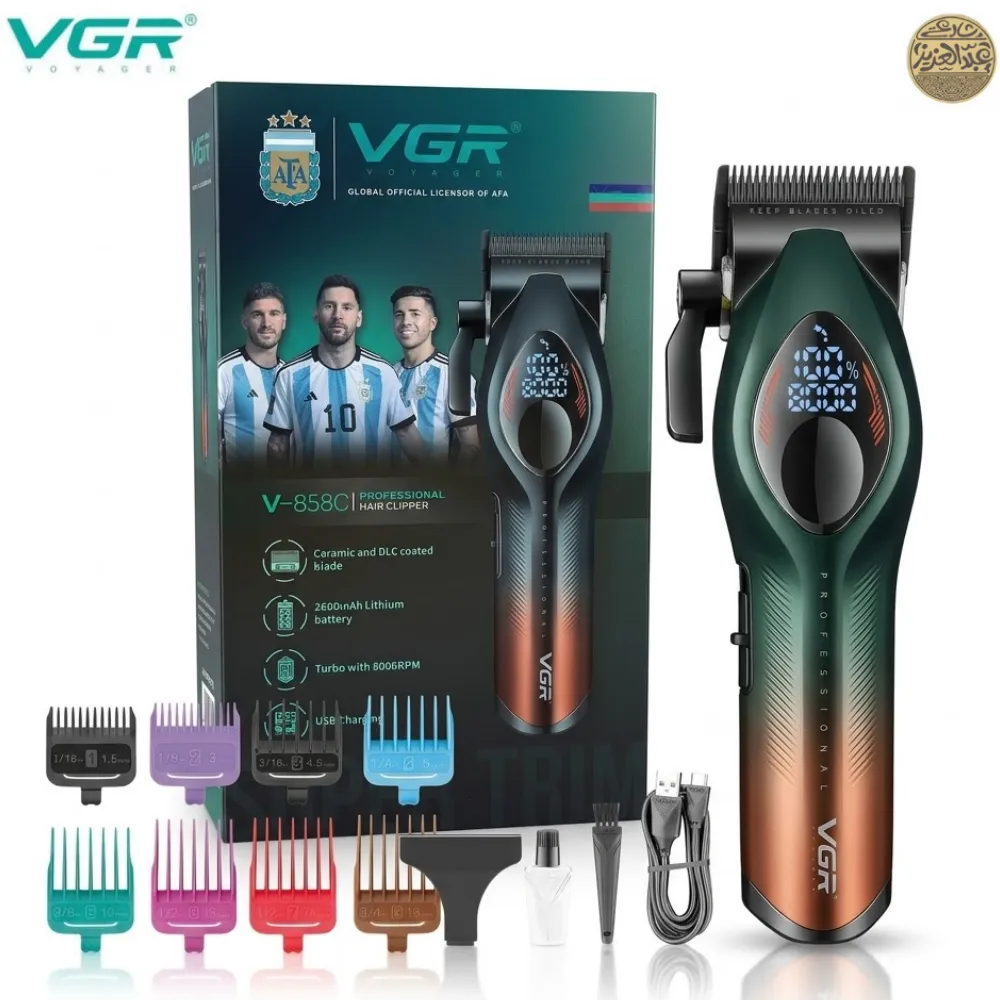ماكينة حلاقة الشعر الاحترافية VGR V-858C للرجال، شفرات مطلية بالسيراميك وDLC، محرك 8000 دورة في الدقيقة، بطارية ليثيوم 2600 مللي أمبير