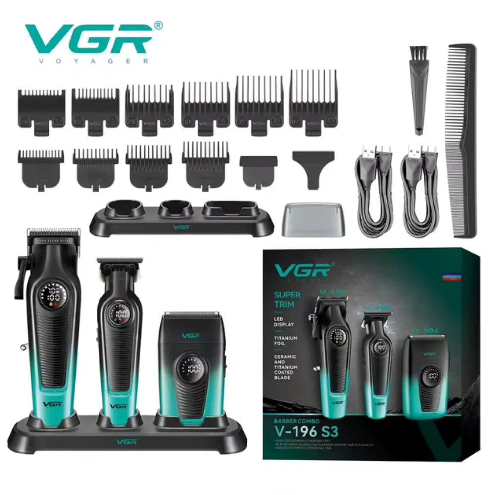 طقم ماكينة حلاقة الشعر الكهربائية VGR V-196 S3 ، لقص الشعر وحلاقته وتشذيب شعر الجسم، يتضمن قاعدة شحن وأمشاطًا وأمشاطًا واقية، هدية رائعة للرجال