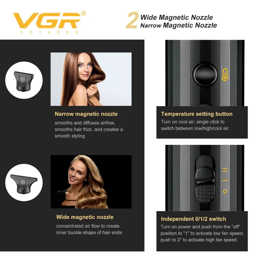 مجفف شعر احترافي VGR V-285 HD للصالونات للرجال والنساء، أصفر