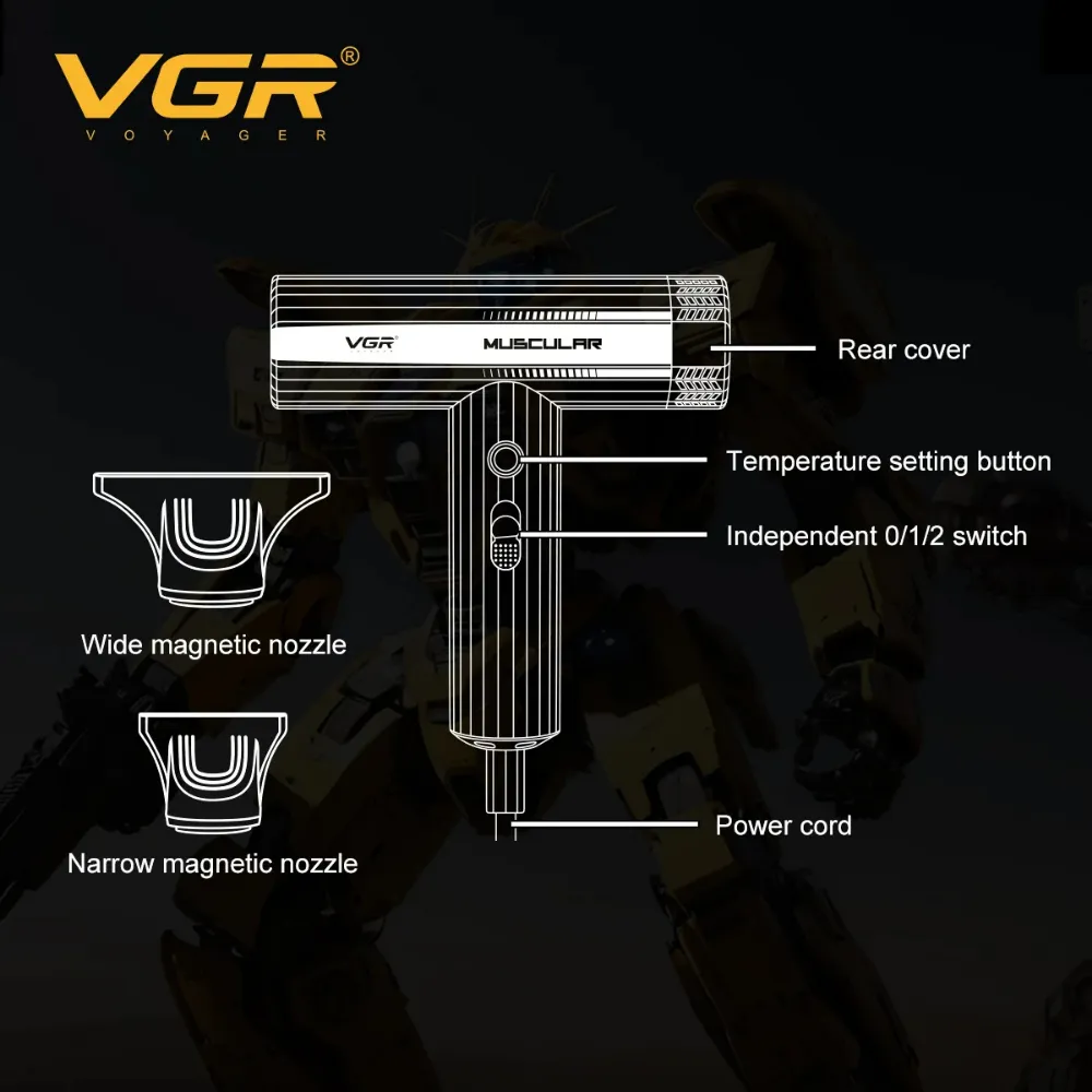 مجفف شعر احترافي VGR V-285 HD للصالونات للرجال والنساء، أصفر