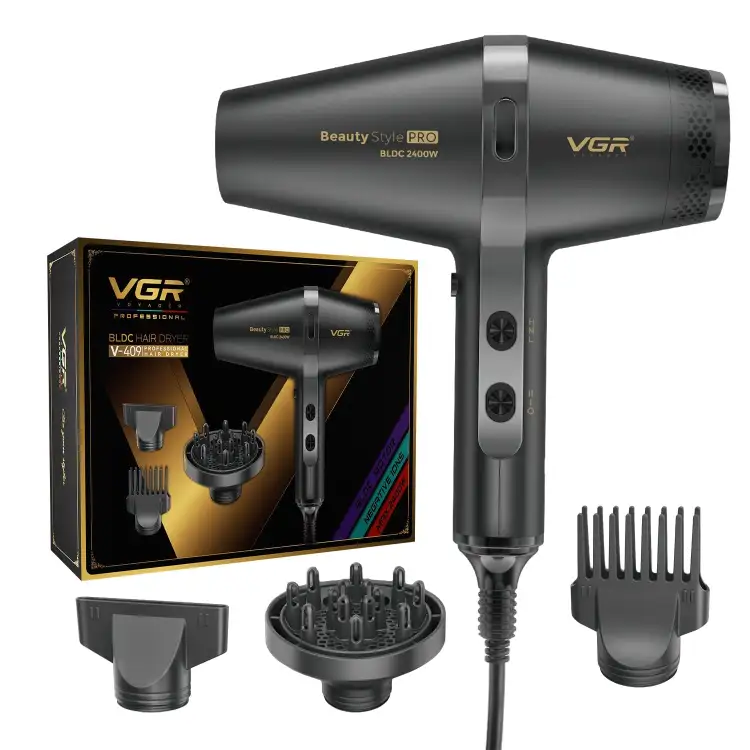 مجفف شعر في جي ار بروفيشنال V-409 - موزع شعر عالمي - لون اسود