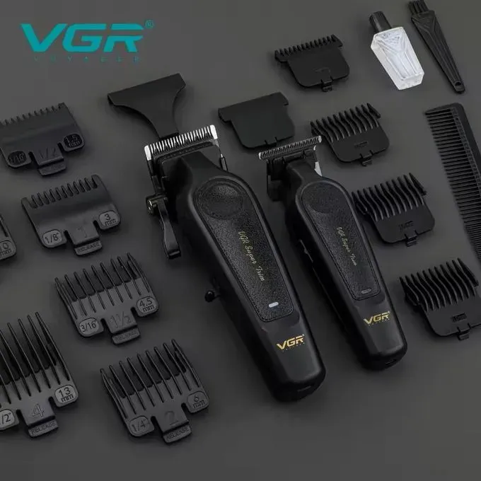 مجموعة ماكينة حلاقة وتشذيب الشعر في جي ار بروفيشنال قابلة للشحن، اسود - V-197 & V-995