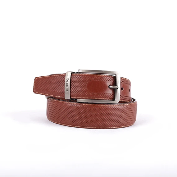 Classic Belt 100% Pure leather from Abdel Aziz Street - DIESEL metal tongue buckle for men - Brown - 130 cm