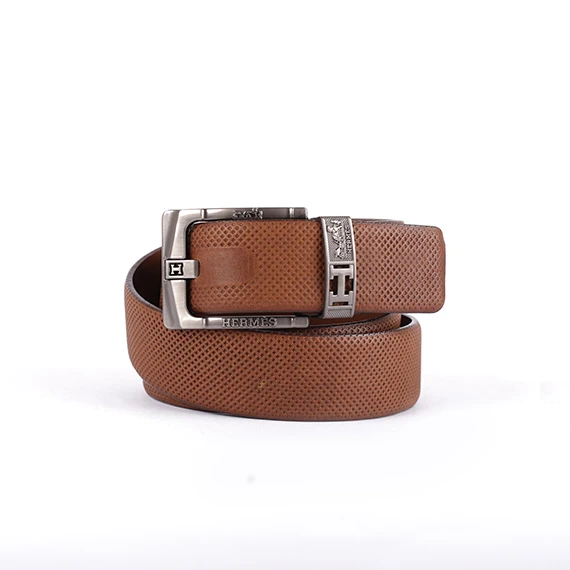 Classic and Casual Belt 100% Pure leather from Abdel Aziz Street - HERMES metal tongue buckle for men - Brown - 130 cm