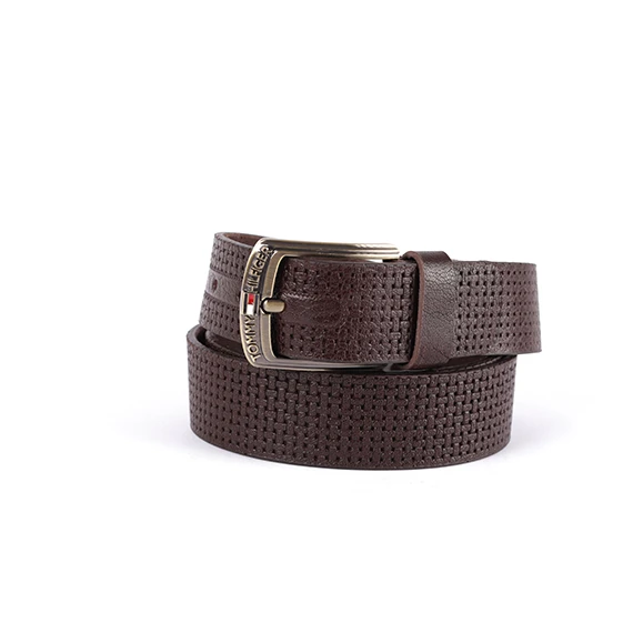 Causal Belt 100% Pure leather from Abdel Aziz Street – TOMMY HILFIGER metal tongue buckle for men – Dark Brown   - 130 cm