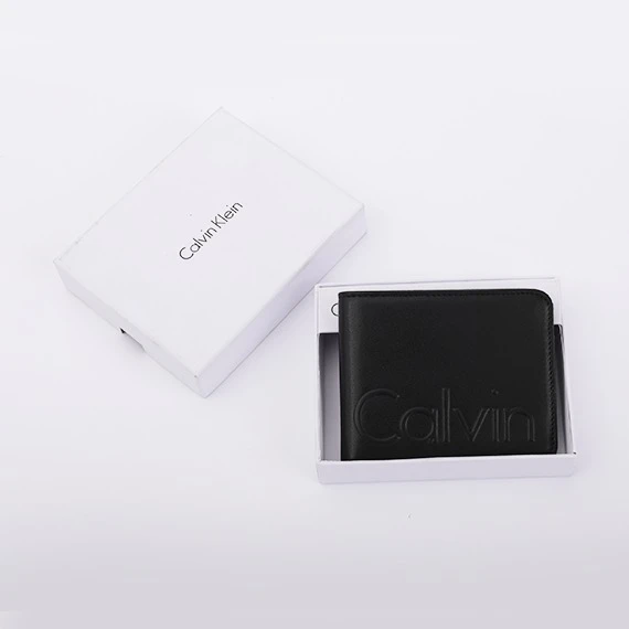 Calvin Klein Bifold Wallet for Men - black leather with brand logo and gray on the inside