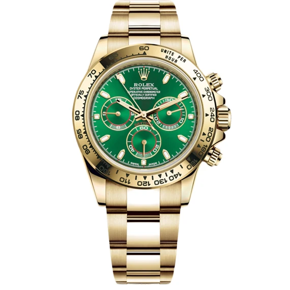 Rolex Daytona watch for men, multi-colored - with a stainless steel Golden case, a Green dial and - golden × Green