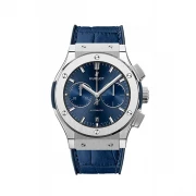 ساعة هوبلو  كلاسيك فيوجن كرونوغراف للرجال - بسوار جلد أزرق وهيكل فضي  - أزرق