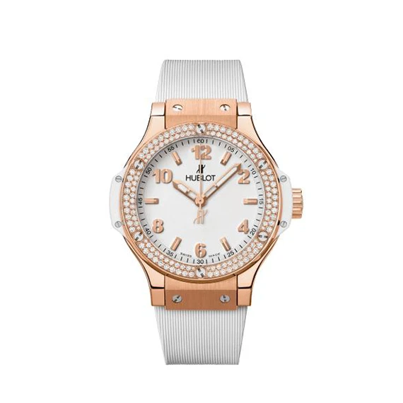 Hublot Women's Watch with White Rubber Band and Strass Studded Gold Case - White