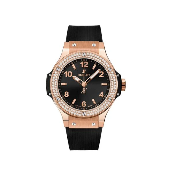 Hublot Women's Watch with Black Rubber Band and Strass Studded Gold Case - Black