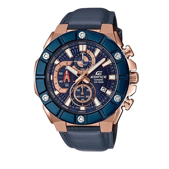 Casio Edifice analog watch for men - with a Blue leather strap with tongue buckle - and a Blue dial