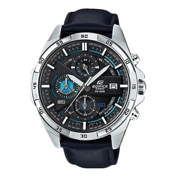 Casio Edifice analog watch for men - with a black leather strap with tongue buckle - and a black dial