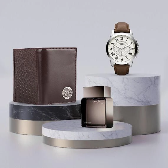 Abdel Aziz Street Package - Fossil men's watch, the distinctive Abdulaziz Street wallet, and Calvin Klein Euphoria