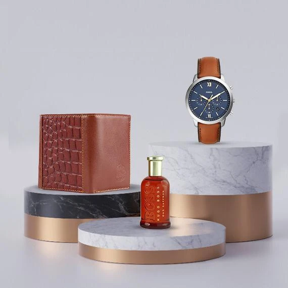 Abdel Aziz Street Package - Fossil men's watch, the distinctive Abdulaziz Street wallet, and HUGO BOSS Perfume