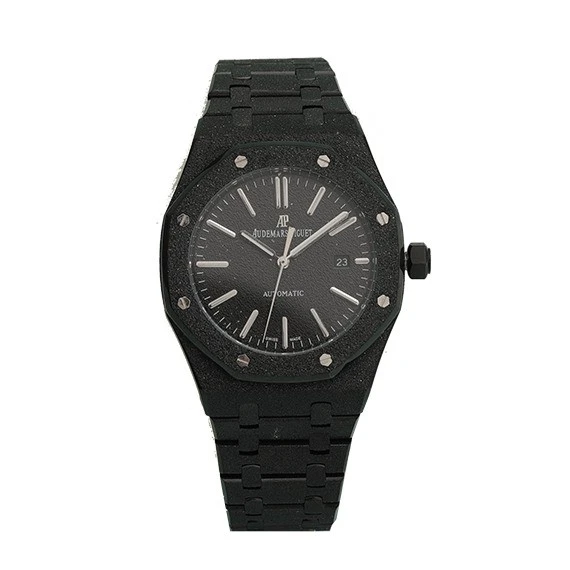 customised Audemars Piguet Royal Oak watch - matte DLC coating - black colourway and simple index dial
