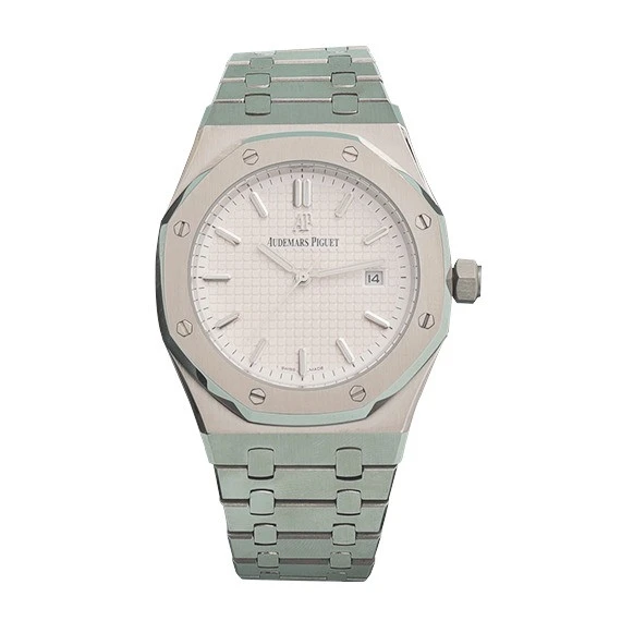 customised Audemars Piguet Royal Oak watch - matte DLC coating - silver colourway and simple index dial