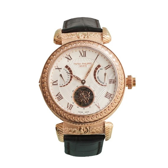 Patek Philippe multi-color watch for men - black leather strap - white dial in gold