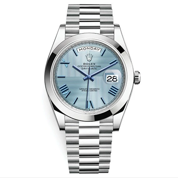 Rolex day Date watch for men - stainless steel strap, silver  - light blue dial