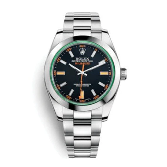 Rolex milgauss watch for men - stainless steel strap, silver  -   black dial
