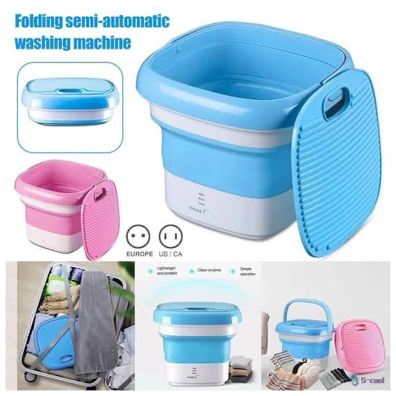Portable Mini Folding Clothes Washing Machine, Bucket Automatic Home Travel Self-Driving Tour Underwear Foldable Washer, Pink