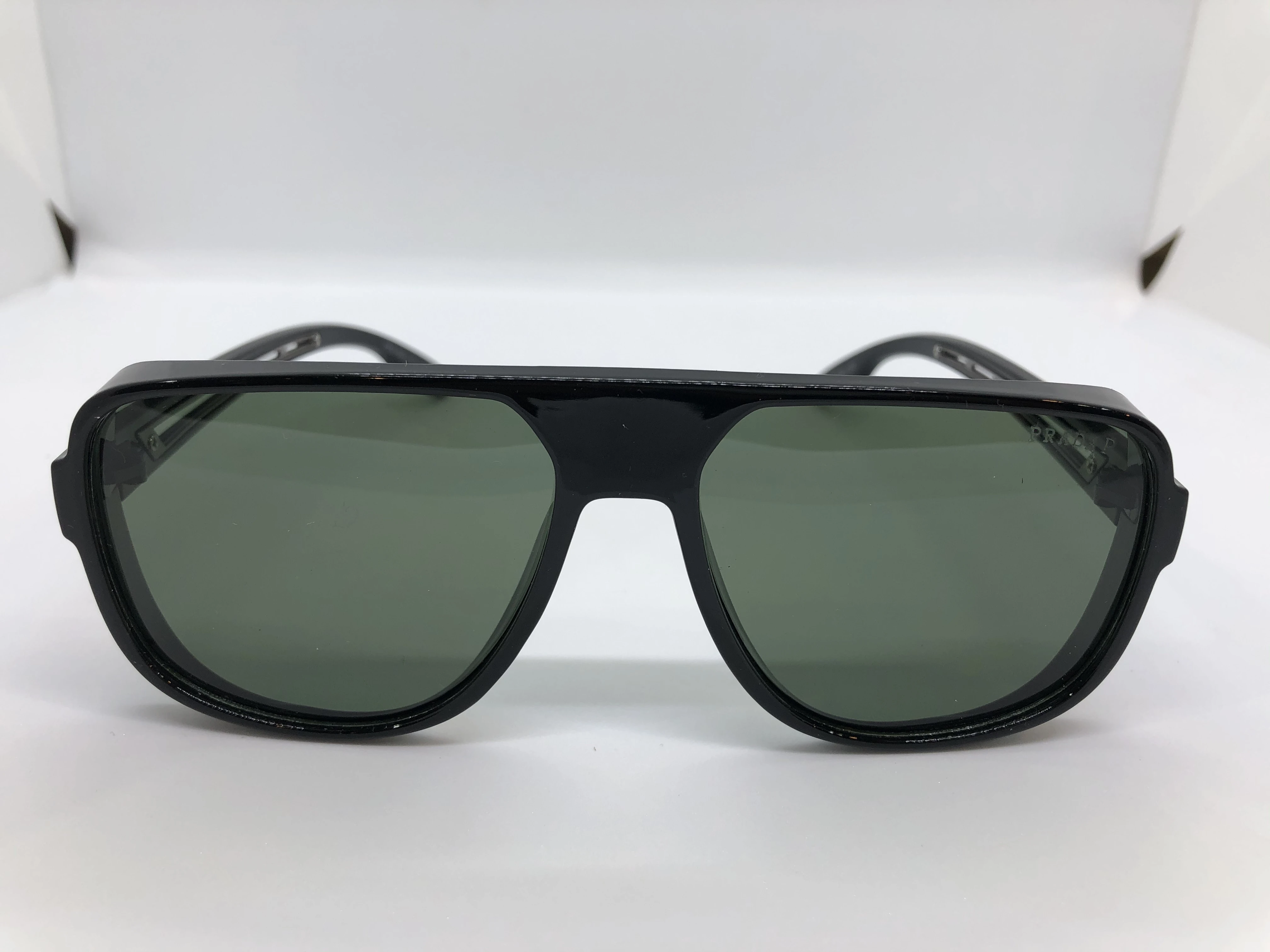Prada sunglasses - black polycarbonate frame - green clear lenses - black polycarbonate sunglasses - brand logo red * white - men