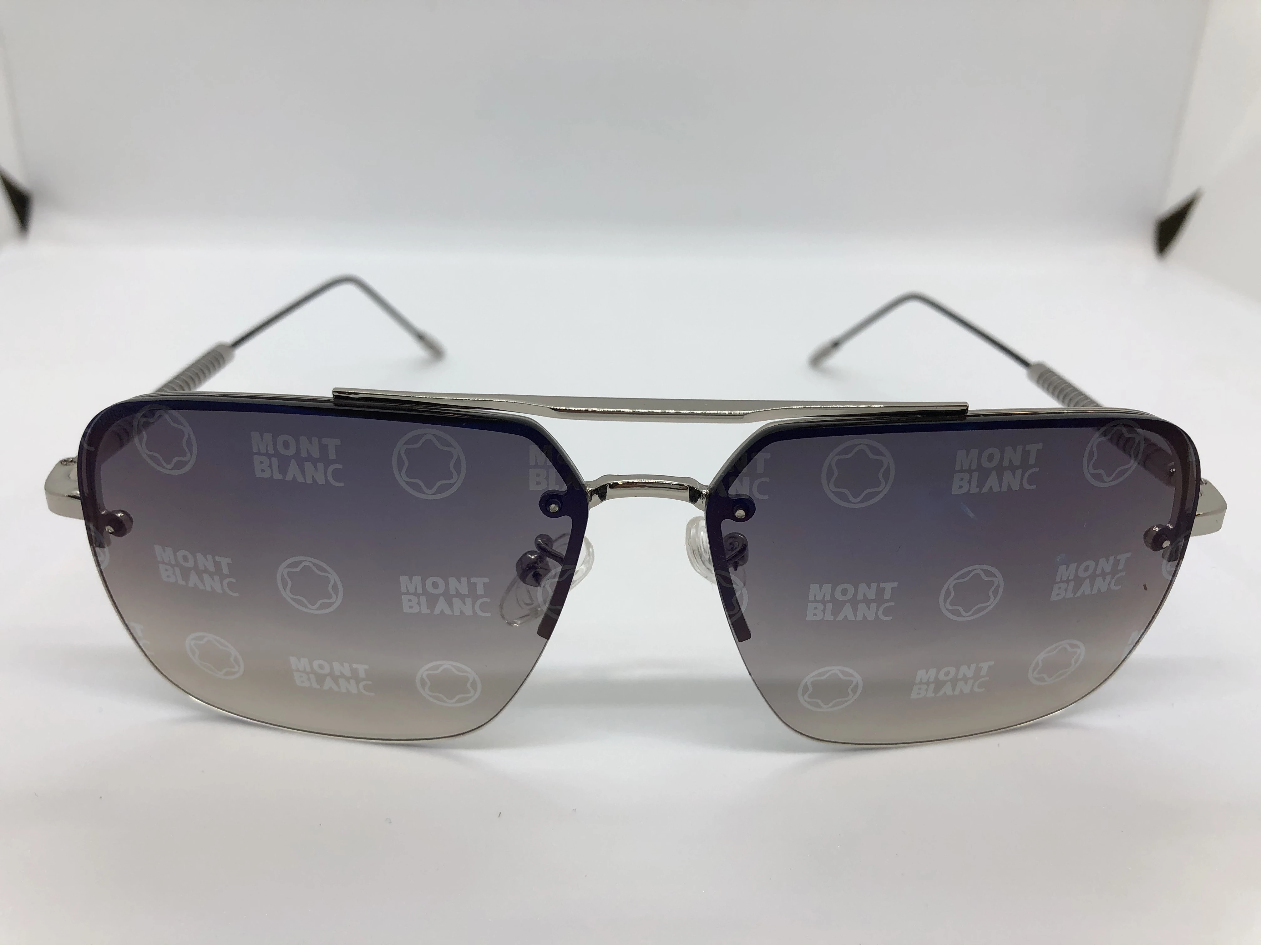 MONTBLANC Sunglasses - Silver Metal Frame - Black Gradient Printed Lenses - Silver Metal Arm - Men