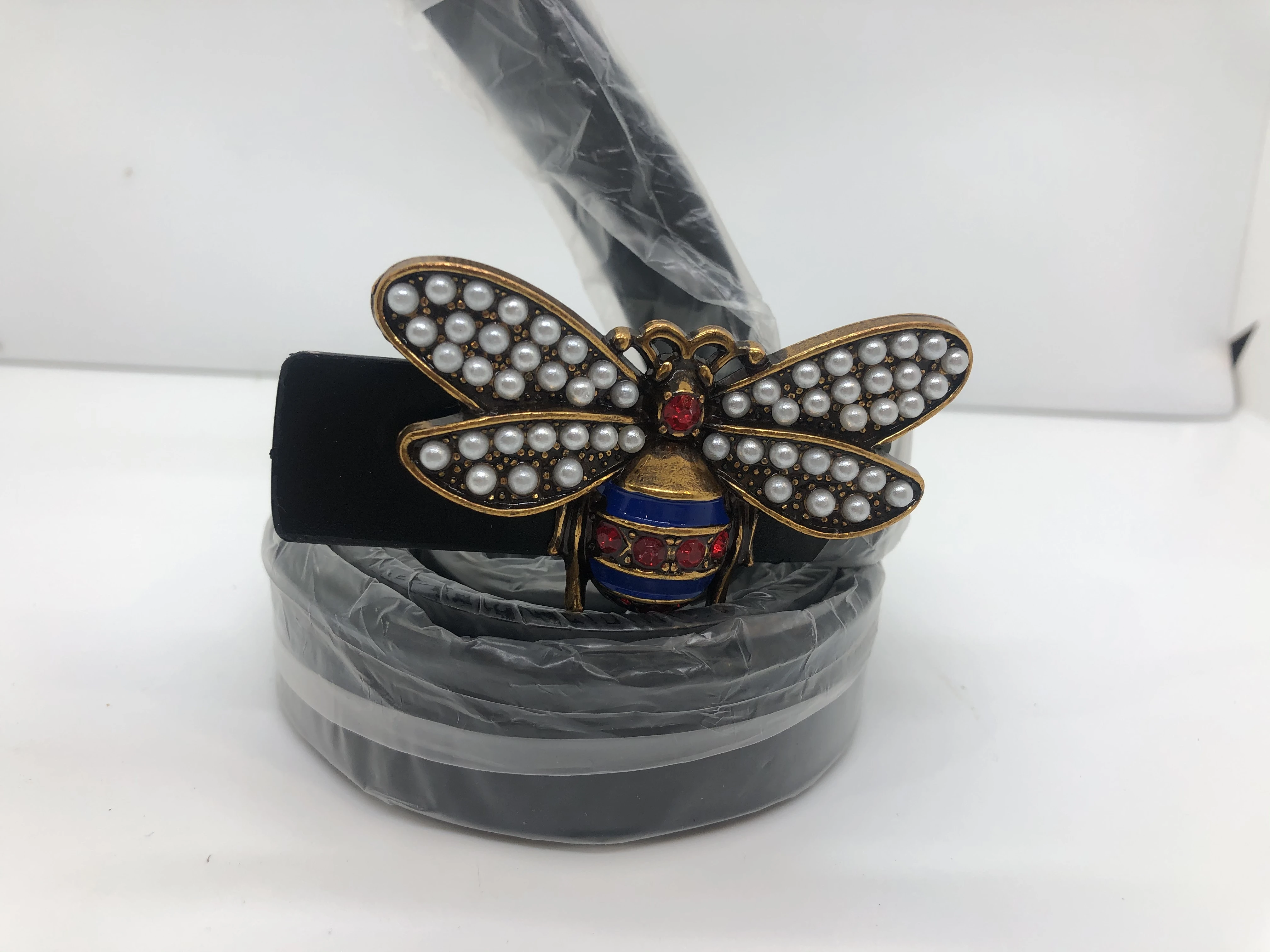 Black Gucci women's belt, colorful butterfly buckle, branded logo