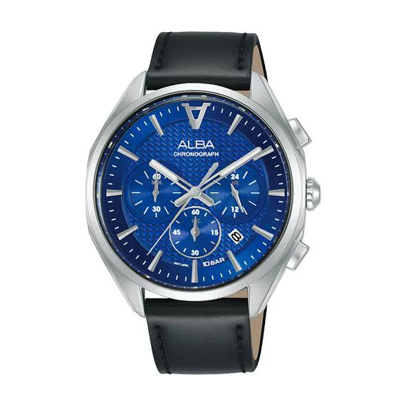 ALBA Men's Hand Watch Flagship Black Leather Strap, Blue Dial AT3G87X1