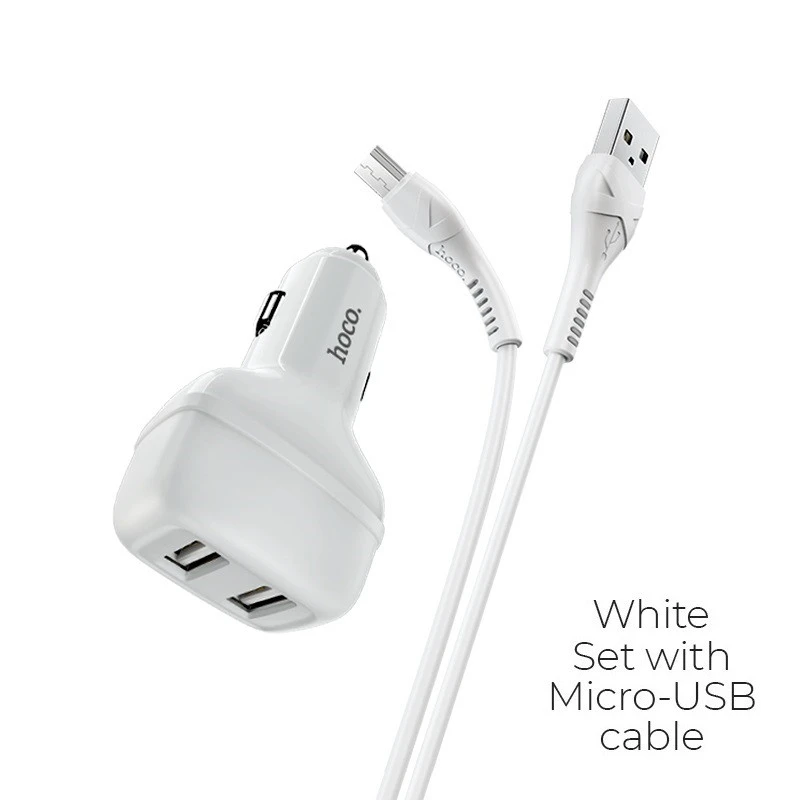 HOCO Z36 Leader Car Charger, 2 * USB + USB-Micro Cable, 2.4A, White